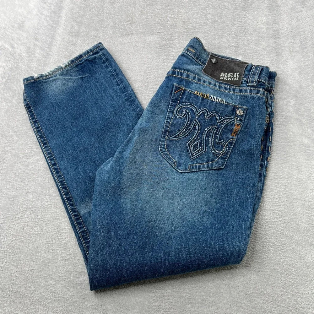 MEK Denim Cody Straight Leg Jeans Size 40 Blue Mens Embroidered Y2K Rugged Style